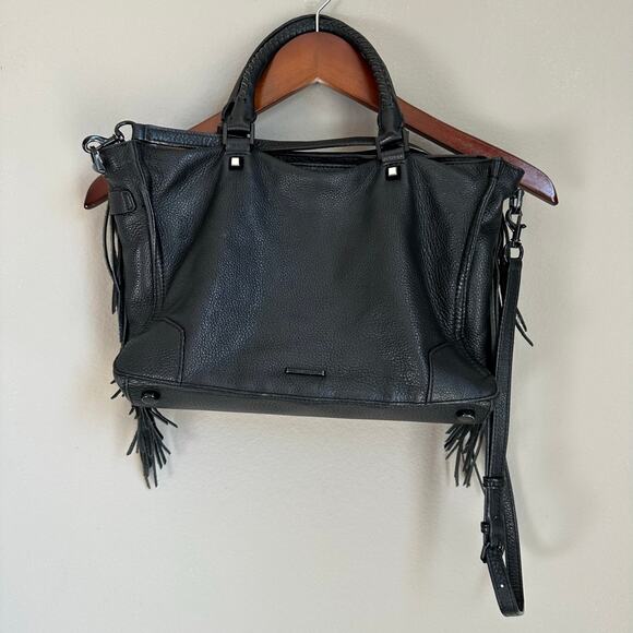 Rebecca Minkoff Regan Satchel Tote Boho Chic Black Pebbled Leather Fringe - Picture 1 of 8
